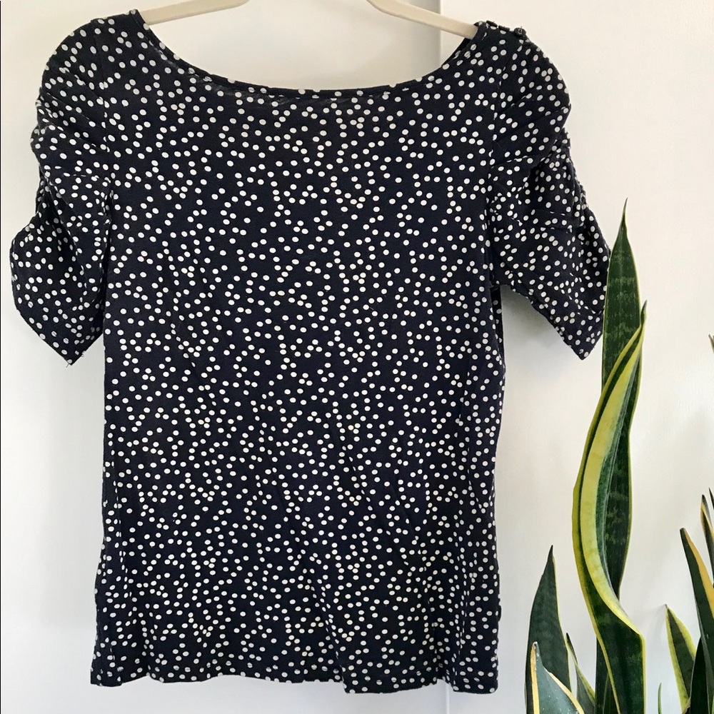Anthropologie Navy Polka Dot Button Sleeve Tee